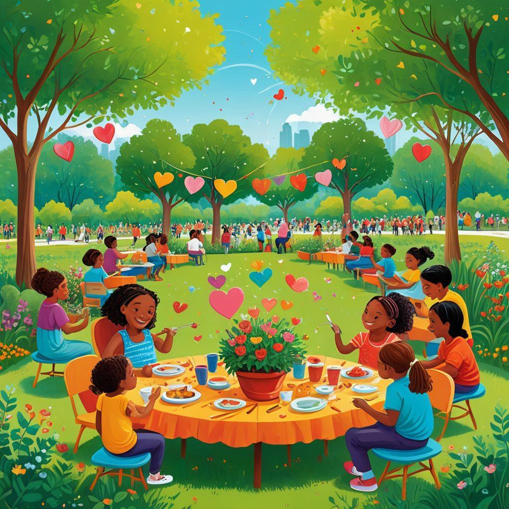 A heartwarming scene of diverse community members engaging in collaborative activities, such as gardening, painting, and sharing a meal in a vibrant park setting. Bright colors radiate positivity, with children playing and adults laughing together. Include whimsical elements like floating hearts and dynamic connections between people, symbolizing love and unity. sunny day, lush greenery. vector art. vibrant colors.