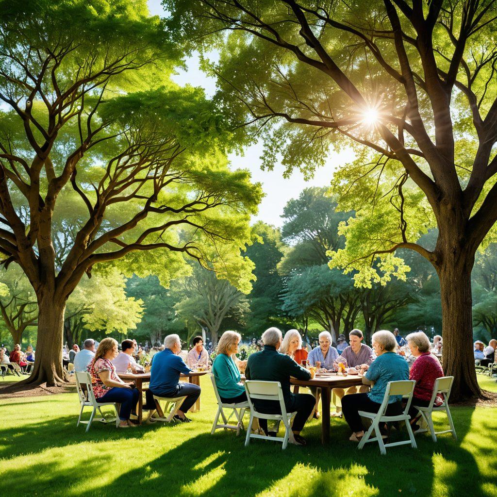 A serene community gathering in a lush park, showcasing diverse individuals of all ages engaging in conversation and collaboration. Incorporate symbolic elements like interconnecting hands and vibrant flowers representing growth and support. The background should radiate warmth with soft sunlight filtering through trees, enhancing the feeling of harmony. super-realistic. vibrant colors. peaceful atmosphere.