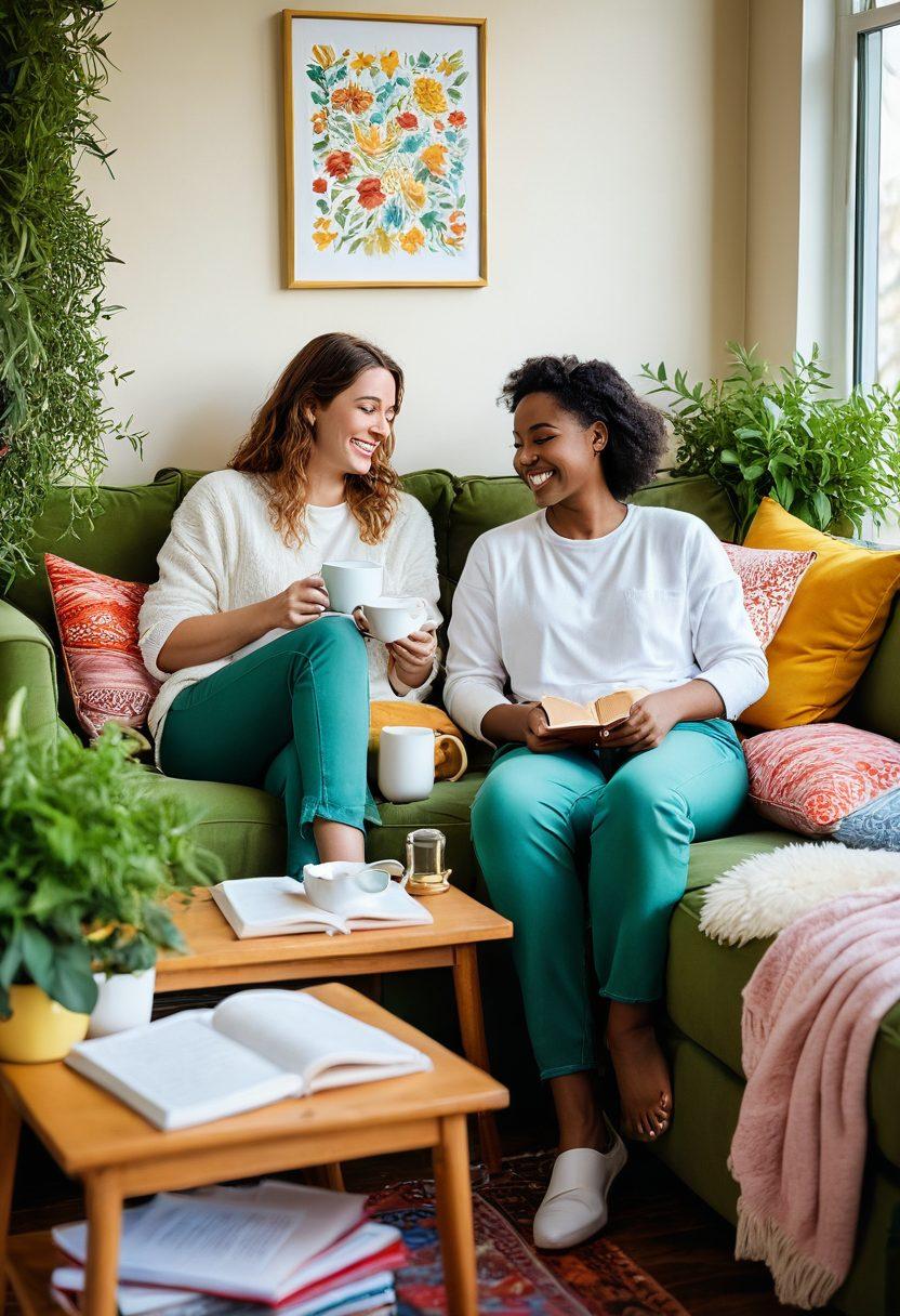 A warm and inviting scene depicting two diverse people sitting together on a cozy couch, sharing a heartfelt laugh while surrounded by soft pillows and soothing plants, symbolizing affection and connection. Include subtle hints of wellness items like herbal tea and a journal open with doodles. The background should be filled with warm, radiant light, symbolizing positivity and togetherness. super-realistic. vibrant colors. cozy atmosphere.